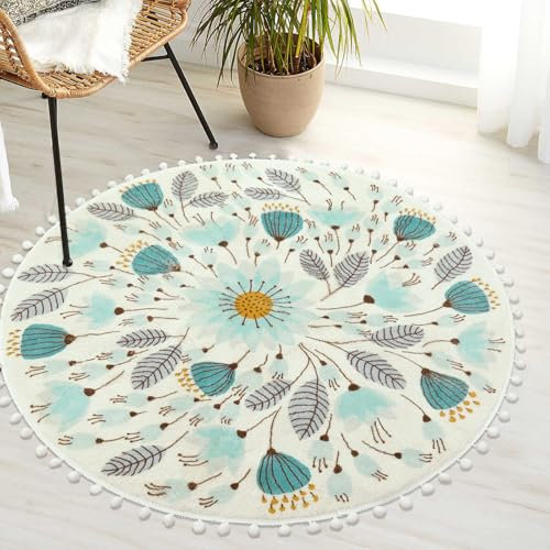 Uphome Runder Teppich fürs Schlafzimmer, Badematte mit Pompon-Borte, florales Pflanzendesign, waschbarer Wurfteppich, rutschfeste Matte für Waschbecken, Gästebad, Flur, Wohnzimmer, Babyzimmer, 91,4 cm