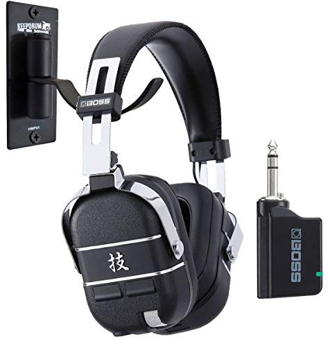 BOSS Waza-Air drahtlos Gitarren-Kopfhörersystem + keepdrum HMP01 Wandhalter
