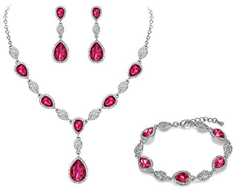 Clearine Gemstone Diamante Teardrop Wedding Bridal Costume Statement Y-Necklace Dangle Earrings Tennis Bracelet Set for Women Pink Gems