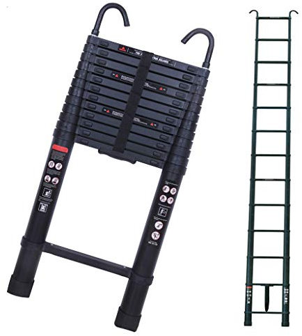 5m Black Aluminum Telescopic Ladder Telescoping Ladders with Roof Hook Kit for Loft Attic Garret Cockloft EN131 Certified & 150kg Max Capacity