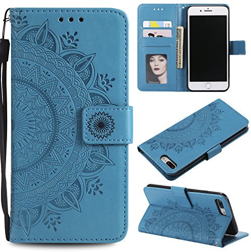 EYZUTAK Mandala Handyhülle für iPhone 7 Plus iPhone 8 Plus,Ultra Slim Case mit Kartensteckplatz Magnetverschluss,Prägung PU Leder Klapphülle,Hülle mit Standfunction und Lanyard,Klappbar Motiv-Blau