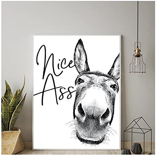 FUXUERUI Vintage Funny Donkey Nice Ass Badezimmer Leinwand Wandkunst Druck Poster und Bilder für Wohnzimmer Dekor, 40x60cm Rahmenlos