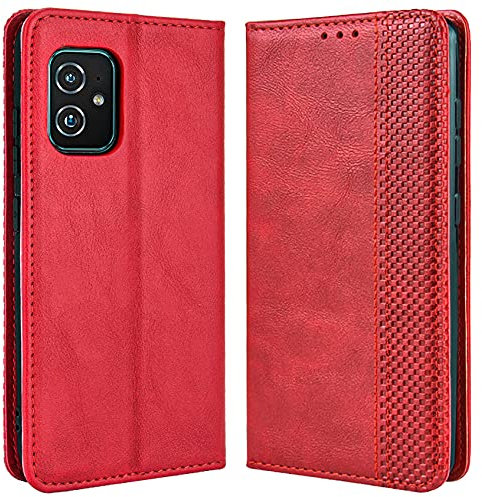 DOINK Cover in retrò Pelle per ASUS Zenfone 8 (ZS590KS), Premium Custodia in Portafoglio con Slot per Schede e Contanti - Rosso