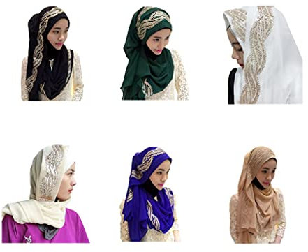 UK_Stone Damen Chiffon Einfarbig Muslimische Hijab Kopftuch Kopfbedeckung Islamischen Hijab Schal Indische Turban-Hüte Turbanmütze mit Champagner Muster (6er)