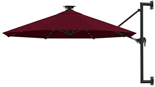 vidaXL Wall-Mounted Parasol in Burgundy with LED Lights and Crank Mechanism - Durable Outdoor Sunshade with UV Protection and Metal Pole