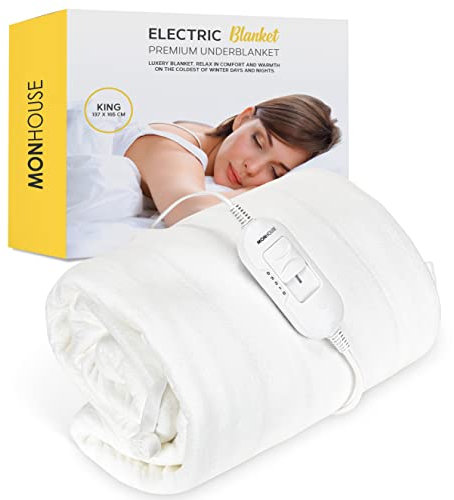 MONHOUSE Premium Soft Fleece Electric Blanket - Heated Under Blanket - Heated Mattress Cover - Detachable Controller & Machine Washable - 3 Heat Settings - King Size 137x165cm - White