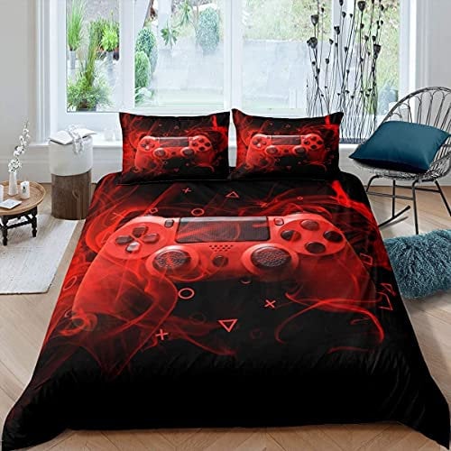 Kids Gamer Duvet Cover Set Single Gamer Bedroom For Boys Girls Teens Video Game Controller Bedding Set Gaming Console Comforter Cover Red Black Geometry With 1 Pillow Case Zipper