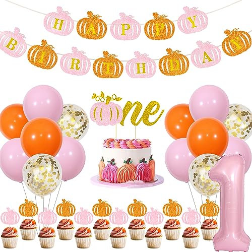 Kürbis 1. Geburtstag Dekorationen Pink und Orange Glitzer Kürbis Happy Birthday Banner, Ein Kuchendeckel, Nummer 1 Folienballon für Mädchen Herbst Kürbis Thanksgiving First Birthday Party Supplies