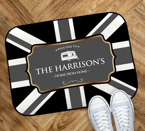 Personalised Caravan Mat - B&W Union Jack Caravan door Mat 44cm x 32cm