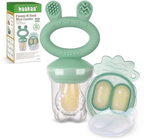 Haakaa Baby Fruit Food Feeder & Mini Freezer Nibble Tray Combo, Breastmilk Popsicle Molds for Baby Cooling Relief, BPA Free Silicone Feeder for Safe Infant Self Feeding, 4 Month+(Pea Green)