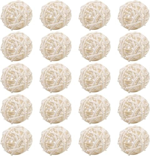 20 Bolas Decorativas de Ratán, 5 Colores, Bolas de Mimbre para Fiestas, Bolas de Ratán de Juguete para Pájaros, Esferas Decorativas de Ramas, Rellenos de Cuencos, Rellenos de Jarrones (Blanco)