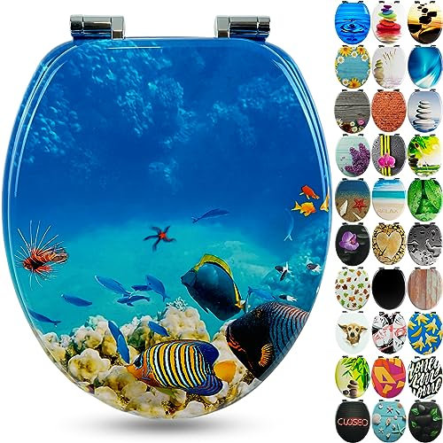 SANFINO® Premium WC Sitz mit Absenkautomatik – hochwertige Toilettendeckel aus Holz, viele bunte Motive, hoher Sitzkomfort, einfache Montage inklusive Montageanleitung – Coral Reef