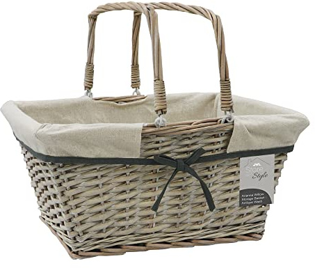 JVL Arianna Rectangular Willow Shopping Basket, Grey Wash