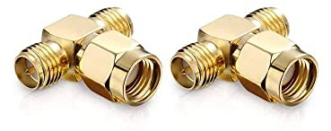 Conecto RP-SMA-Adapter T-Stück - 1x Stecker ohne Pin auf 2X Buchse mit Pin - Erweiterung von SMA-Anschlüssen, Vergoldet, 2er Set