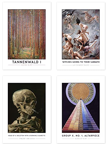 Wee Blue Coo Classic Paintings Klimt Tannenwald Falero Witches Sabbath Van Gogh Skeleton Cigarette Klint Altarpiece A4 Poster Pack of 4 Wall Art