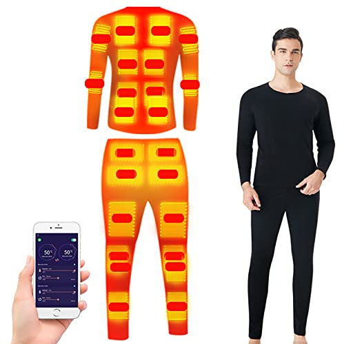 Motorcycle Heated Underwear Suit Winter APP Control Temperature Thermal Heating Body Suit 24 Areas Soft Base Layer Top Bottom,Black,M(Bust:98m)