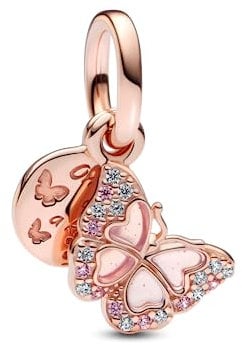 PANDORA Rosafarbener Schmetterling & Spruch Doppelter Charm-Anhänger aus Rosévergoldeter Metalllegierung mit Cubic Zirkonia in der Farbe Rosé, PANDORA Moments Kollektion, 782555C01