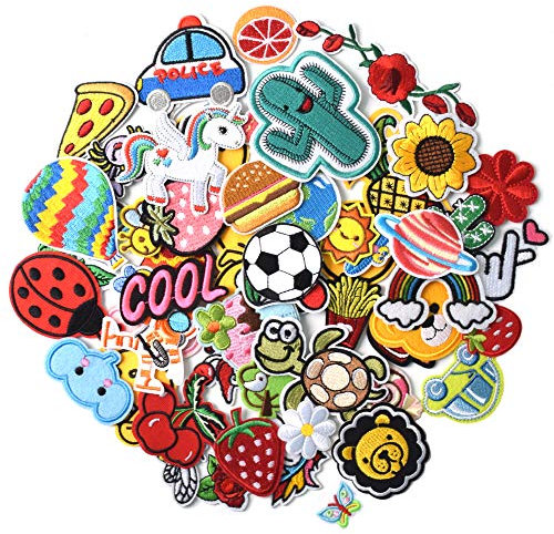 GYGYL 60pcs Random Assorted Embroidered Iron on Patches, DIY Sew Applique Repair Patch, Sew-On Iron-On Patch for Kids DIY Jackets, Jeans, Pants, Backpacks, Clothes