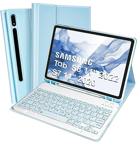 SOPPY Tastaturhülle für Samsung Galaxy Tab S8 S7, UK-Layout, schlanke Abdeckung mit Abnehmbarer Tastatur für Galaxy Tab S8(SM-X700/X706 2022),Tab S7(SM-T870/T875/T876 2020),blau