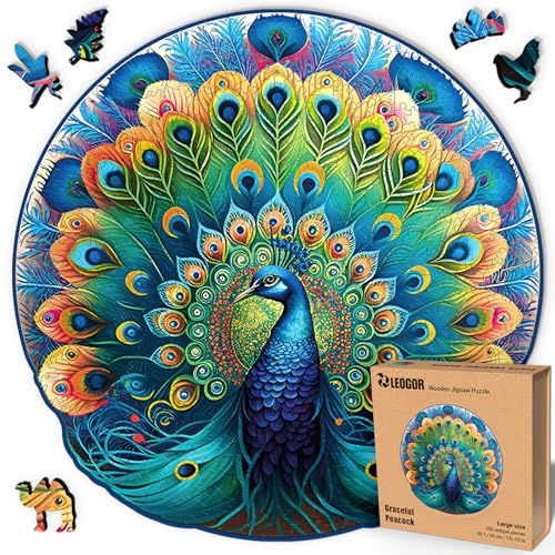 LEOGOR Holzpuzzles für Erwachsene 350 Teile (38,1 × 38 cm), Extra-dick 5 mm Holz, Rundes Pfauen Puzzle mit einzigartigen Naturformen, Anspruchsvolles Mosaik Mandala Puzzle Geschenk für Erwachsene