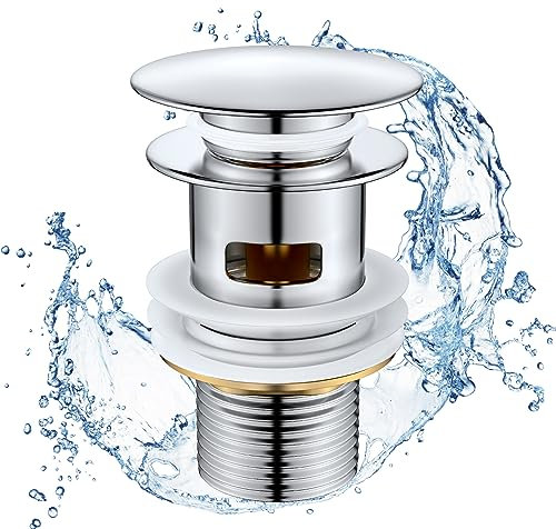 Ainiv Tapón de desagüe para Fregadero, Desagüe Lavabo para Fregadero con rebosadero, Tapon Lavabo de latón para Valvula Lavabo, Tapón Lavabo de Baño con Tapa de Acero Inoxidable para Fregadero-66MM