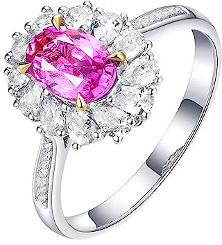 Engagement Ring Diamond, Wedding Ring For Women Blütenform 18 Karat (750) Weißgold 0.8Ct Saphir Rosa Ovale Form Größe 52 (16.6)