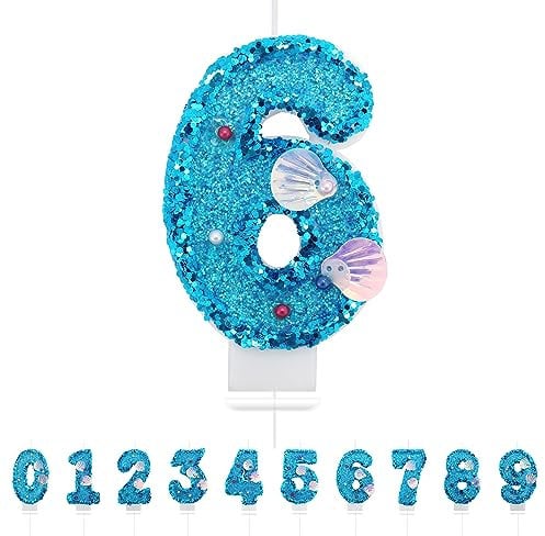 Geburtstagskerzen Zahlen 6,3D Meerjungfrau Geburtstagskerzen,Blau Kerzen Geburtstag Zahl 6, Kuchen Topper Dekoration Kuchendeko Geburtstag, Geburtstagskerzen für Geburtstagsdeko