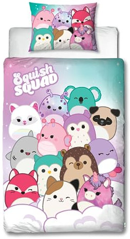 Character World Squishmallows Bettbezug-Set für Einzelbett, offizielles Lizenzprodukt, helles Design, wendbar, 2-seitig, mit passendem Kissenbezug, perfekt für Kinderzimmer, Polycotton