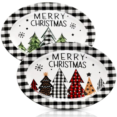 Kigley 2 Pcs Christmas Tree Ceramic Oval Platter - Black White Buffalo Plaid Decorative Plates, Red Green Xmas Trees, Watercolor Tree Serving Plate for Cookies, Dinner Party