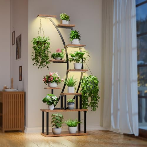 BACEKOLL Pflanzenregal mit Wachstumslicht - 9 Ebenen Blumenständer 160cm Metall Holz Pflanzenständer - Innen & Außen Blumentreppe - Dekoratives Schwarz Blumenregal für Innen Garten Balkon