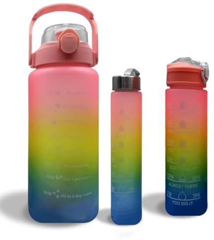 LITTLELAGOON Water Bottle 3 Pc Set with Straw 2L 300ml 900ml | Leak Proof BPA Free Motivational Drinking Bottles with Time Marker | Perfect for Sports School Office Gym Yoga Cycling for Kids Adults