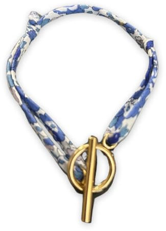 Bracelet fil Liberty Coton Bio - Fermoir A Bascule or - En Acier Inoxydable - cordon avec fleurs fleuri- réglable de 14 à 24 cm - résiste à l'eau - bleu et blanc