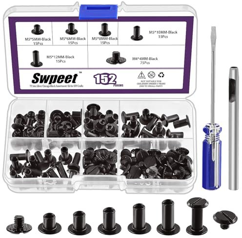 Swpeet 152 viti nere M5 x 5 mm, 6 mm, 8 mm, 10 mm, 12 mm, rivetti in pelle assortiti, con perforatore e cacciavite, viti a testa piatta per fai da te in pelle e rilegatura di libri