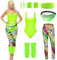 JINGTOPS Kostüm 80er Jahre Damen,90er 80er Jahre Outfit Damen Set,80er Jahre Accessoires Outfit Damen mit Leggings, Beinwärmer, Gürteltasche,80er karneval kostüm Accessoires (Leuchtendes Grün, M)