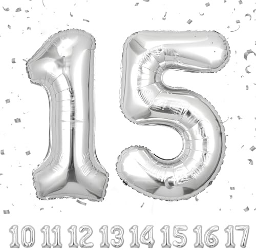 15 Geburtstag Deko zahlen luftballon 15 jahre | Folienballon Sliber - für 15. Geburtstagsdeko Männer Frauen Ballon Zahl Deko zum Geburtstag fliegt mit Helium 15.Geburtstagsparty 40-101cm