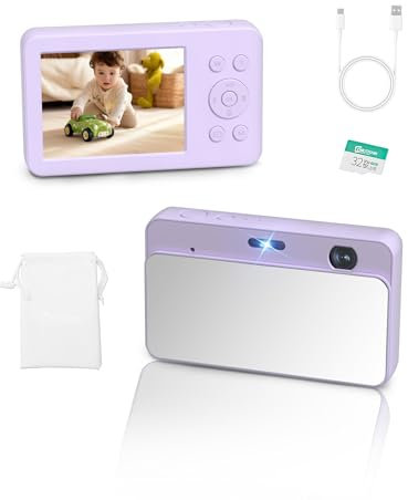 MUTRAIN Slide Open Digital Point and Shoot Android Camera with Mirror, 1080P Photography Practice, PURPLE, X10, 32G