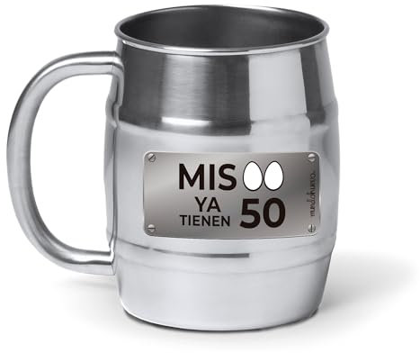 mundohuevo® Jarra de cerveza personalizada acero inoxidable 304 | Regalo original para cumpleaños | Mis huevos ya tienen 50 años | Color plateado aspecto barril | Capacidad 500 ml.