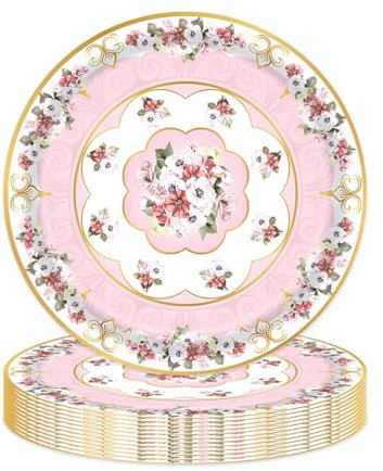 MAGLAUG Lot de 24 assiettes jetables en carton pour thé de l'après-midi, assiettes en carton à motif floral, décorations de fête de jardin, mariage, anniversaire, fête prénatale, anniversaire de