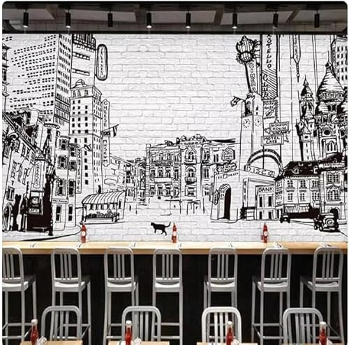vsdhlsidgl Tapete 3D Schwarz-Weiß-Stadtgebäude Wandmalerei Restaurant Bar Hintergrund Wandverkleidung, 3D, 250x175cm