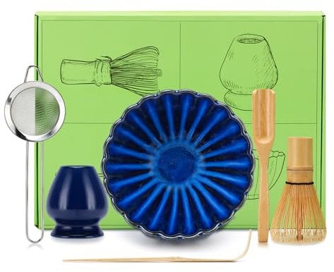 DiDiBirDi Matcha Set de 6 pièces,ensemble de démarrage traditionnel Matcha japonais,fouet à matcha en bambou (Chasen), cuillère (Chashaku), tamis en acier inoxydable, support pour fouet (bleu)