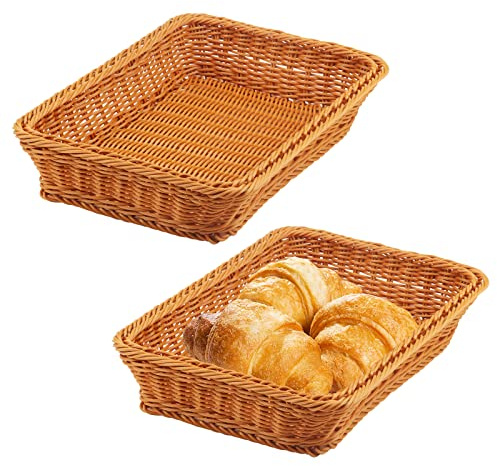 CHUIFAI 2 Stück Brotkorb Geflochten Groß, 35x25x7,5cm Poly Weidenkorb Brötchenkorb Rechteckig, Restaurant Rattan Brotkörbchen Servierkorb für Obst, Brot, Lebensmittel