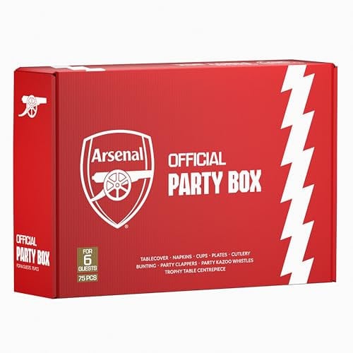 Arsenal FC Official Party Supplies Box for 6 Guests | All in One 77pcs incl. Jersey Foil Balloon, Disposable Tableware Set w/Cutlery, Decorations & Party Favors | Perfect for birthday match celebrate