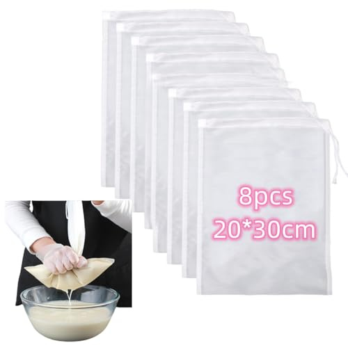 Naisfei 8 Pcs Reusable Straining Bag, 20 * 30cm Cheesecloth Drawstring Bags, Cold Brew Coffee Cheese Cloths Strainer, Mesh Bags Net Bags Muslin Cloths for Cooking, Nut Milk and Crafting (200 mesh)