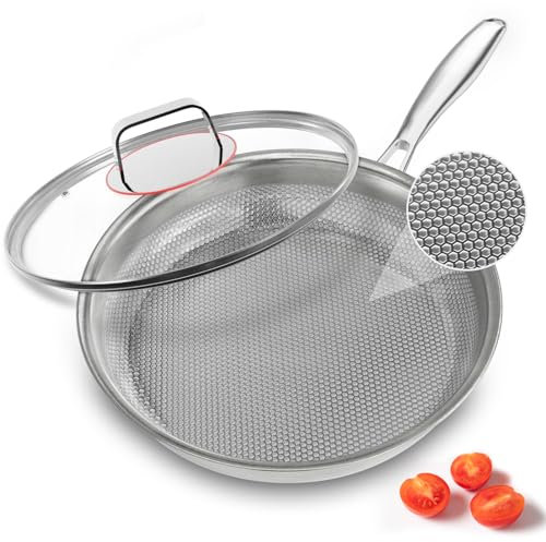 Abijan Stainless Steel Frying Pan with Lid, 28cm 5-Ply Stainless Steel Pan,PTFE & PFOA Free, All Stovetop Compatible,Dishwasher and Oven Safe