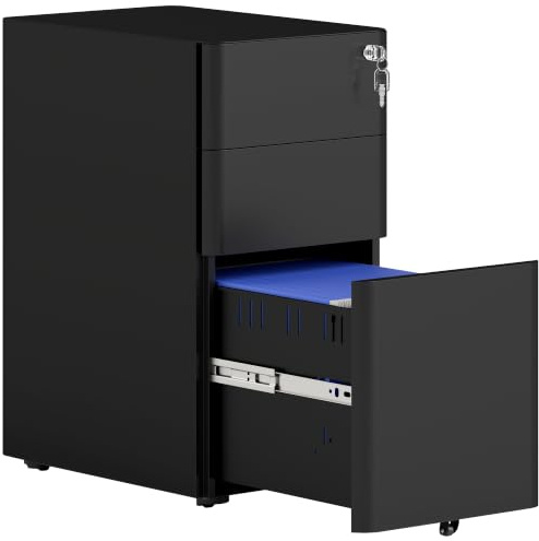 Vinsetto 3-Drawer Mobile Filing Cabinet Lockable 30 x 45 x 59 cm Black | Metal File Cabinet, 5 Wheels, for A4/Legal/Letter Sized Documents, Hanging File Folders, Under Desk, Pre-Assembled Body