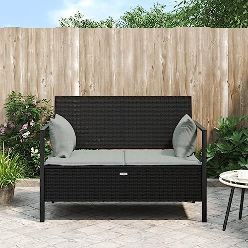 CINDERFUL Gartenbank 2-Sitzer mit Kissen Schwarz Poly Rattan,Komfortable 2SitzerGartenbank mit Stauraum für gemütliche Stunden im Freien Terrassen Sitzmöbel, Gartenbänke