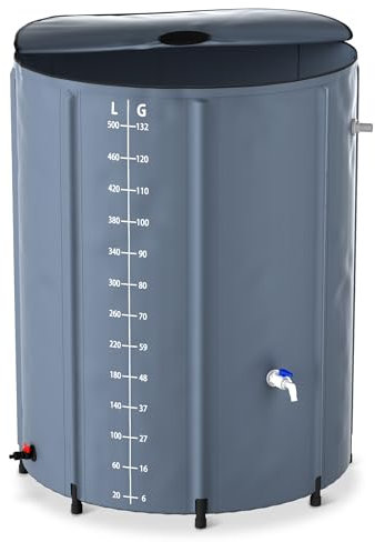 Froadp 500L Regentonnen Faltbare Regenwassertonne mit Deckel & Skala, Matte Plane, Wasserspeicher Wassertank für Gartenbewässerung, Eisbaden Tonne, Regenwasserfass inkl. Ablassventil(Grau)