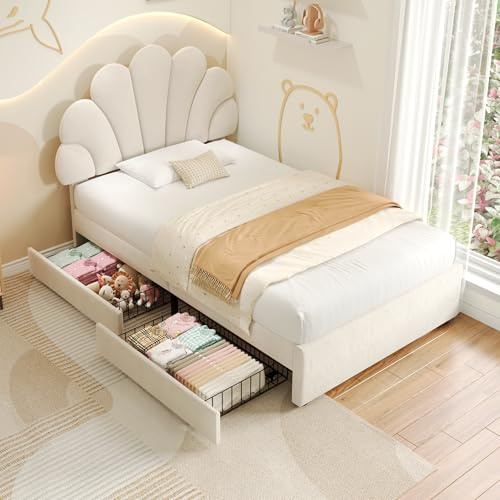 LULUWA 3ft Single Velvet Petal Bed with Adjustable Chic Petal Headboard and 2 Storage Drawers Upholstered Bed Frame with Solid Wood Slat No Mattress