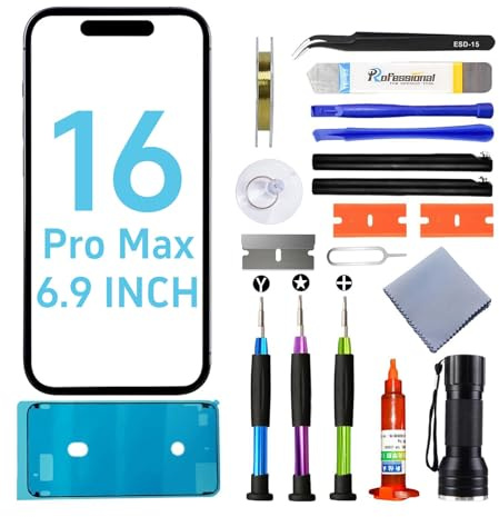 Tpyag Verre Avant pour écran iPhone 16 Pro Max, Verre Avant d'écran pour iPhone 16 Pro Max 6,9 Pouces, Kit de réparation d'écran avec adhésif étanche (sans LCD et Tactile)