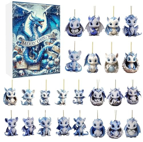 Drachen Adventskalender 2025,2D Flacher Weihnachts Adventskalender Drachen aus Acryl,24-Tage Weihnachts Countdown Kalender,Drachen Hängeornamente für Christbaumschmuck (B)
